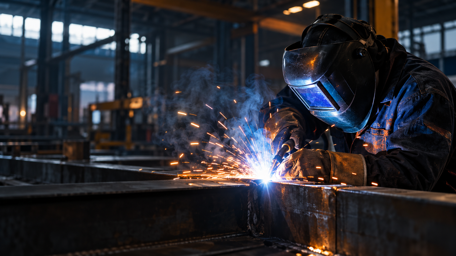 Welder working on steel in a dark workshop, with bright sparks